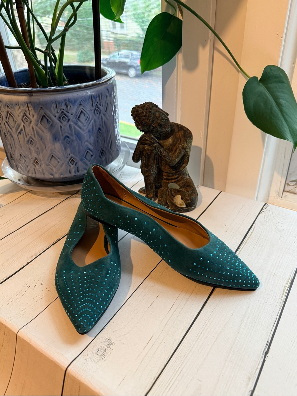 Jack Rogers | Teal Pointed-Toe Flats with Crystal 
Stud Embellishment